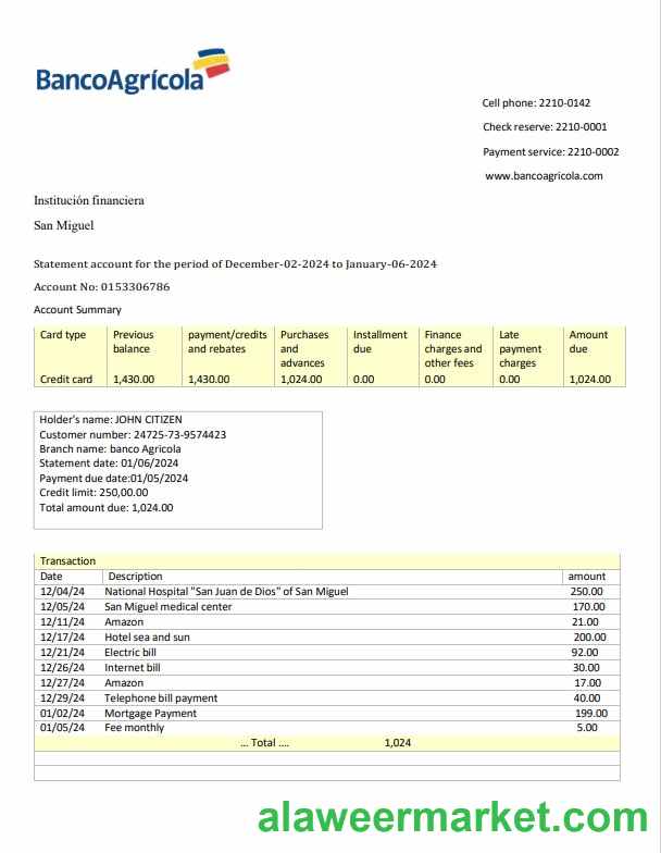 Dominican Republic Banco Agricola bank statement 3 - 6 months Word and PDF example